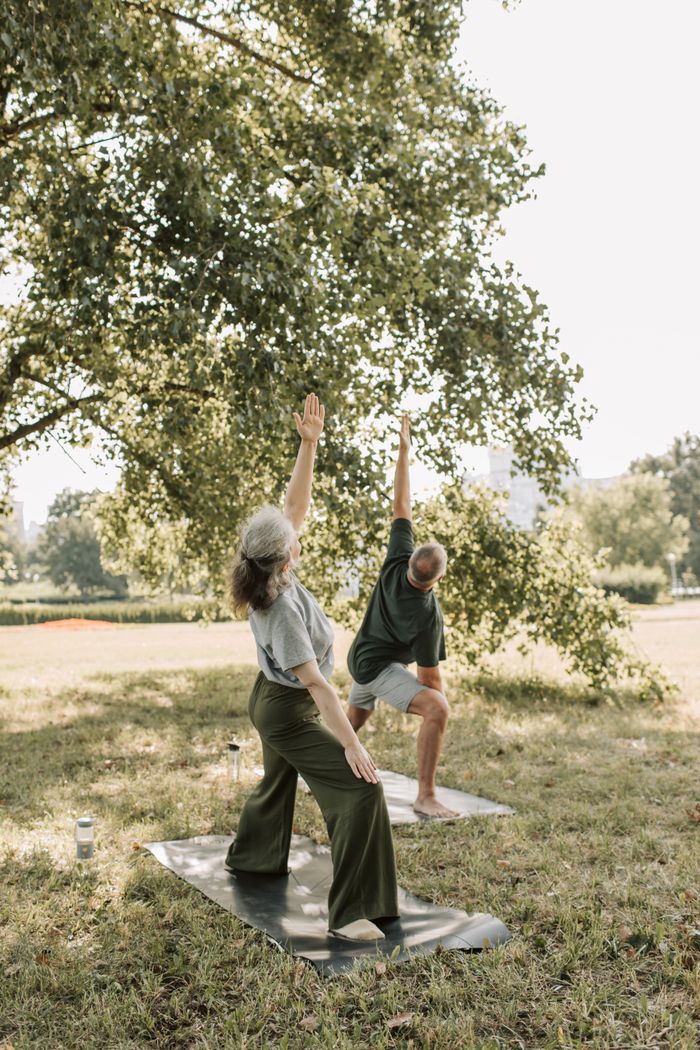 facilities Senior adults enjoying outdoor yoga under a tree, promoting a healthy lifestyle.